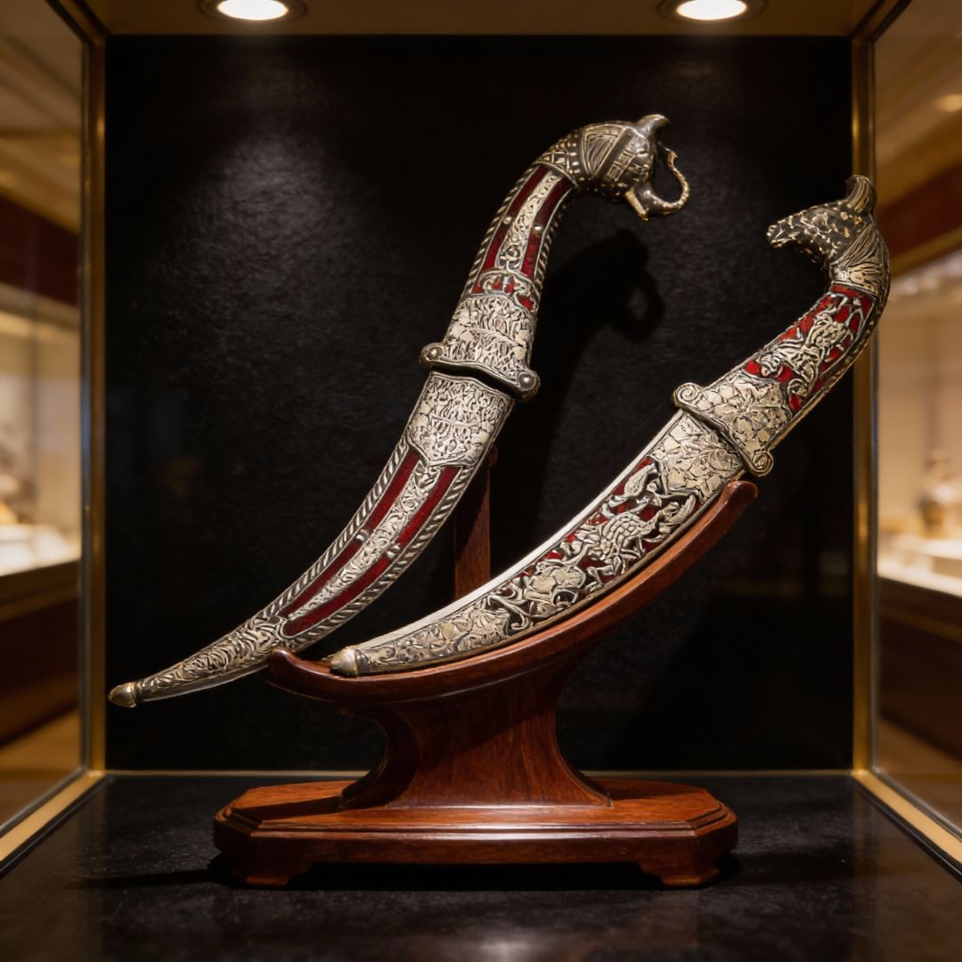 Handcrafted Calligraphy Koftgari Dagger Pair Decorative Art