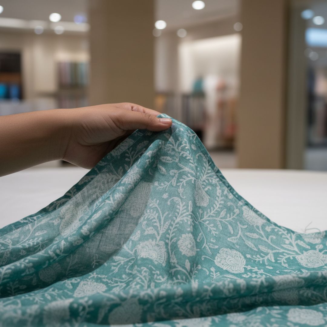 Single-Sided Block Printed Mal Cotton Fabric in Teal Floral Pattern