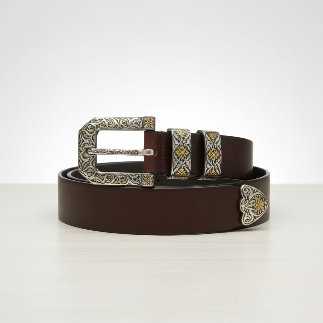 Decorative Koftgari Belt Buckle with Handcrafted Metal Inlay