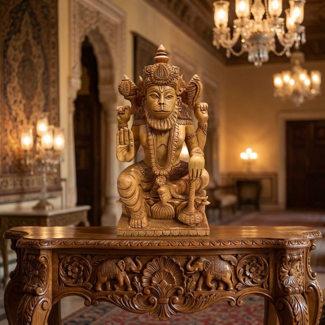 Lord Narasimha Sandalwood Sculpture with Intricate Hand Carving