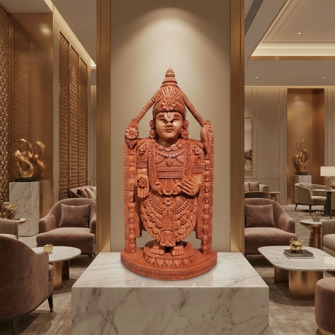 Lord Venkateswara Balaji Wooden Sculpture in Traditional South Indian Style