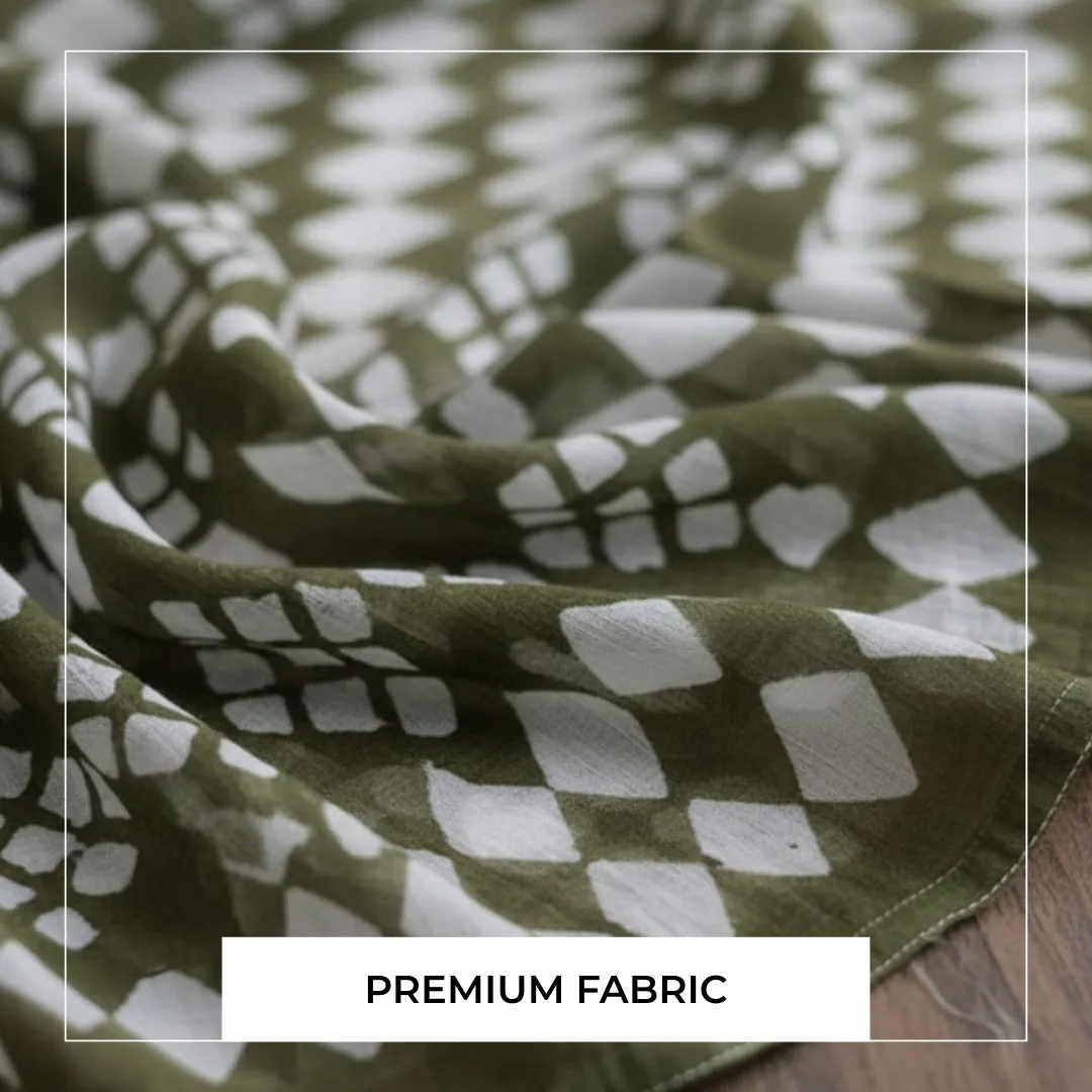 Single-Sided Hand Block Printed Mal Cotton Fabric – Green Geometric | Sold Per Meter