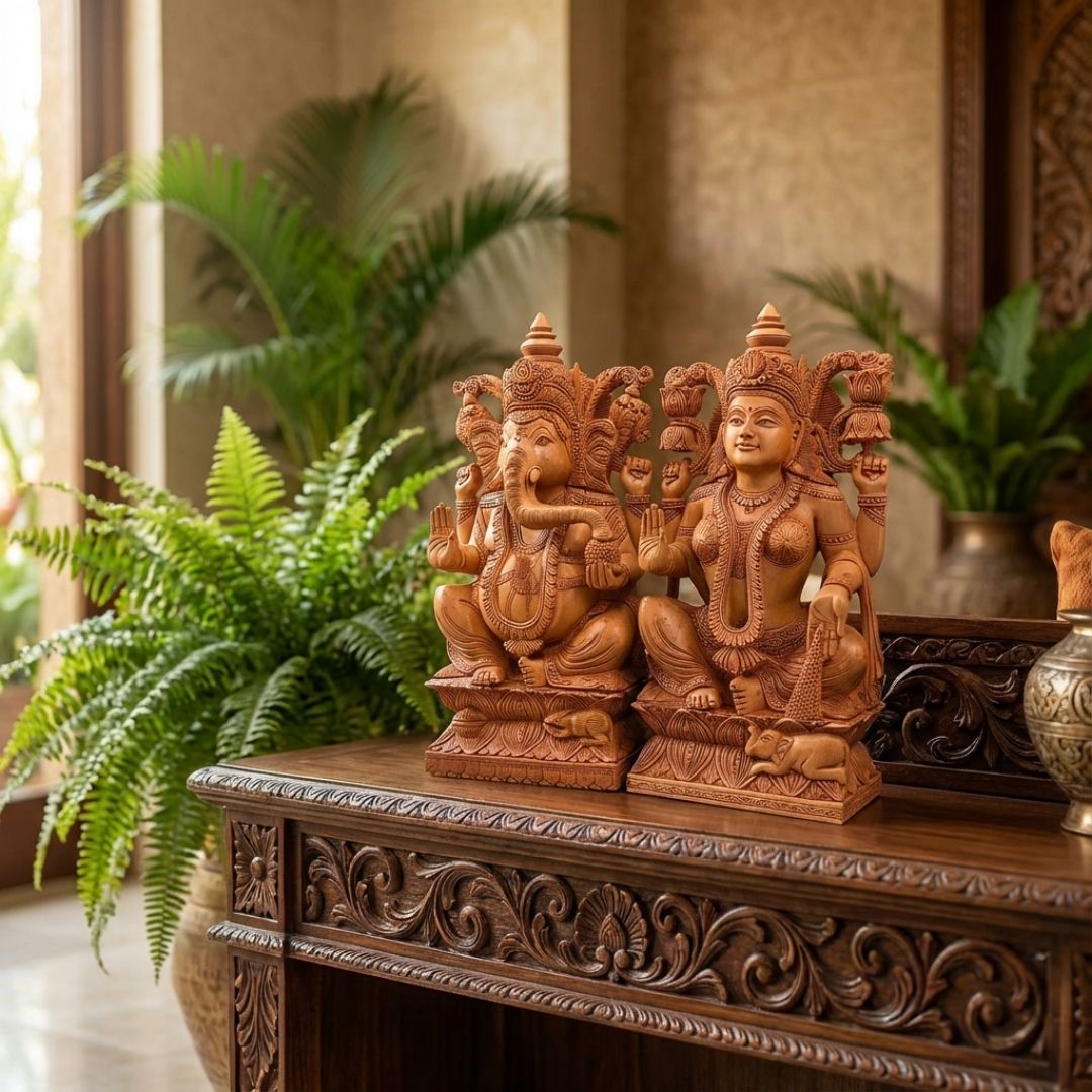 Ganesh Lakshmi Pair Sitting on Lotus Handcrafted in Sandalwood
