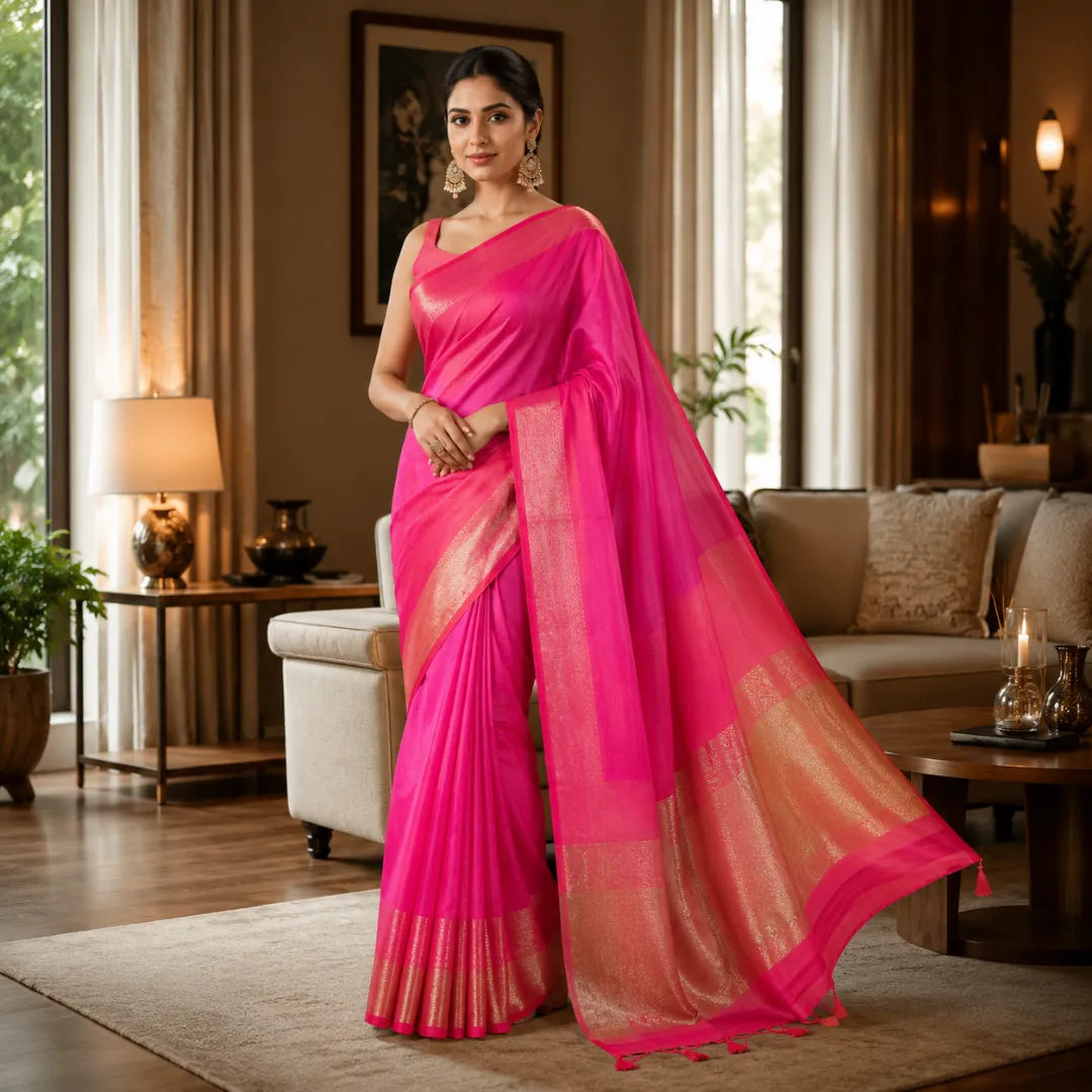 Golden Grace in Pink – Handcrafted Maslin Organza Saree with Matching Blouse