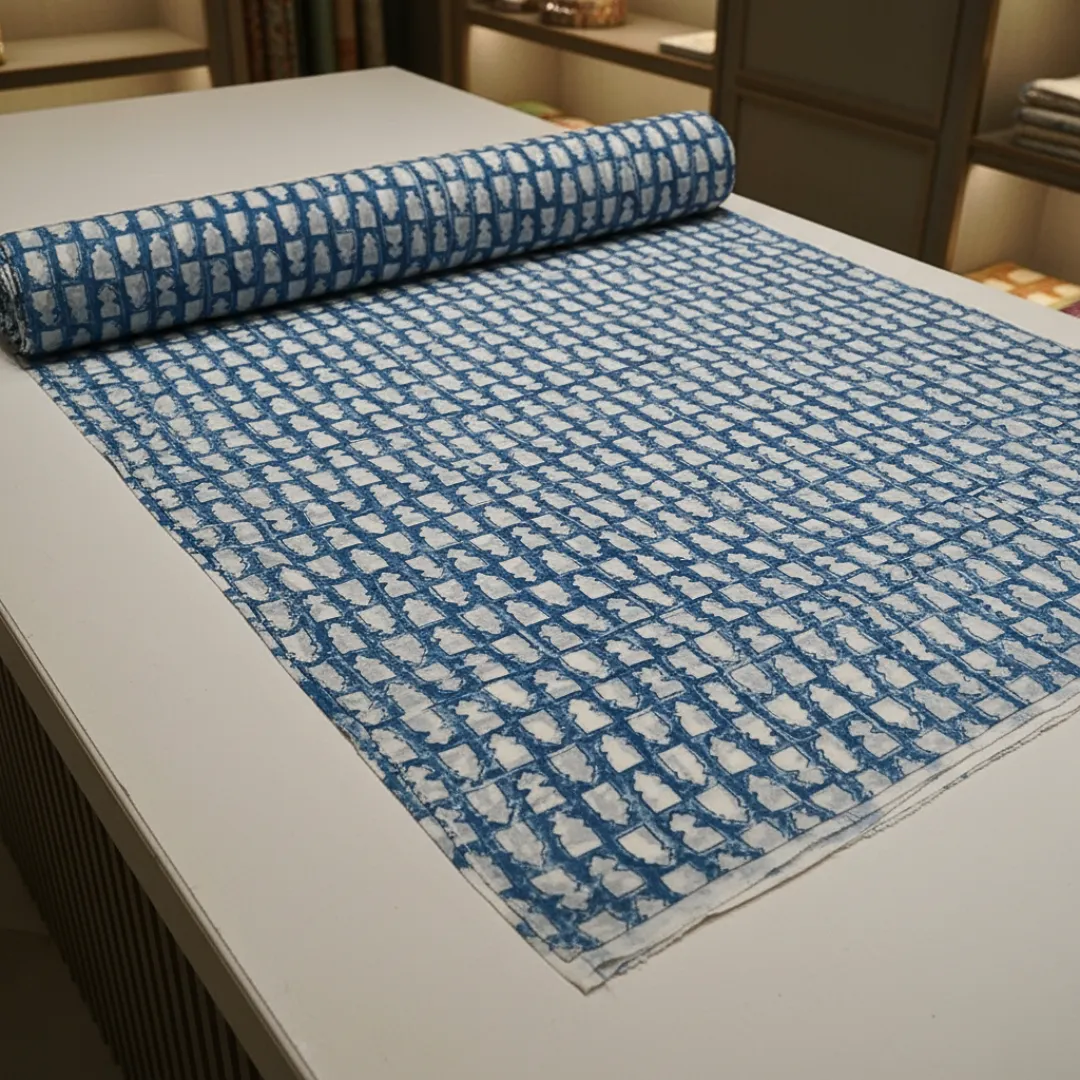 Single-Sided Hand Block Printed Mal Cotton Fabric – Blue Geometric | Sold Per Meter