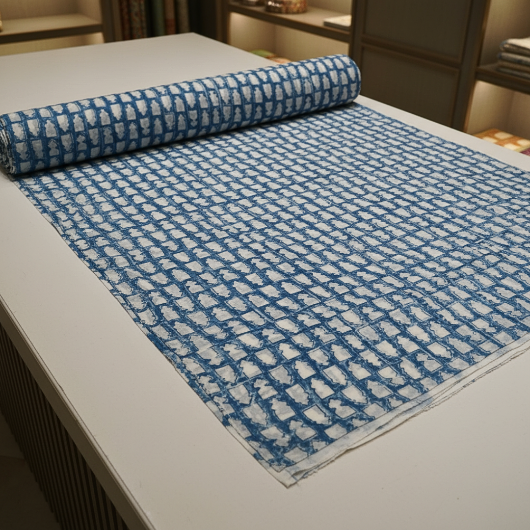 Single-Sided Block Printed Mal Cotton Fabric in Blue Geometric Pattern