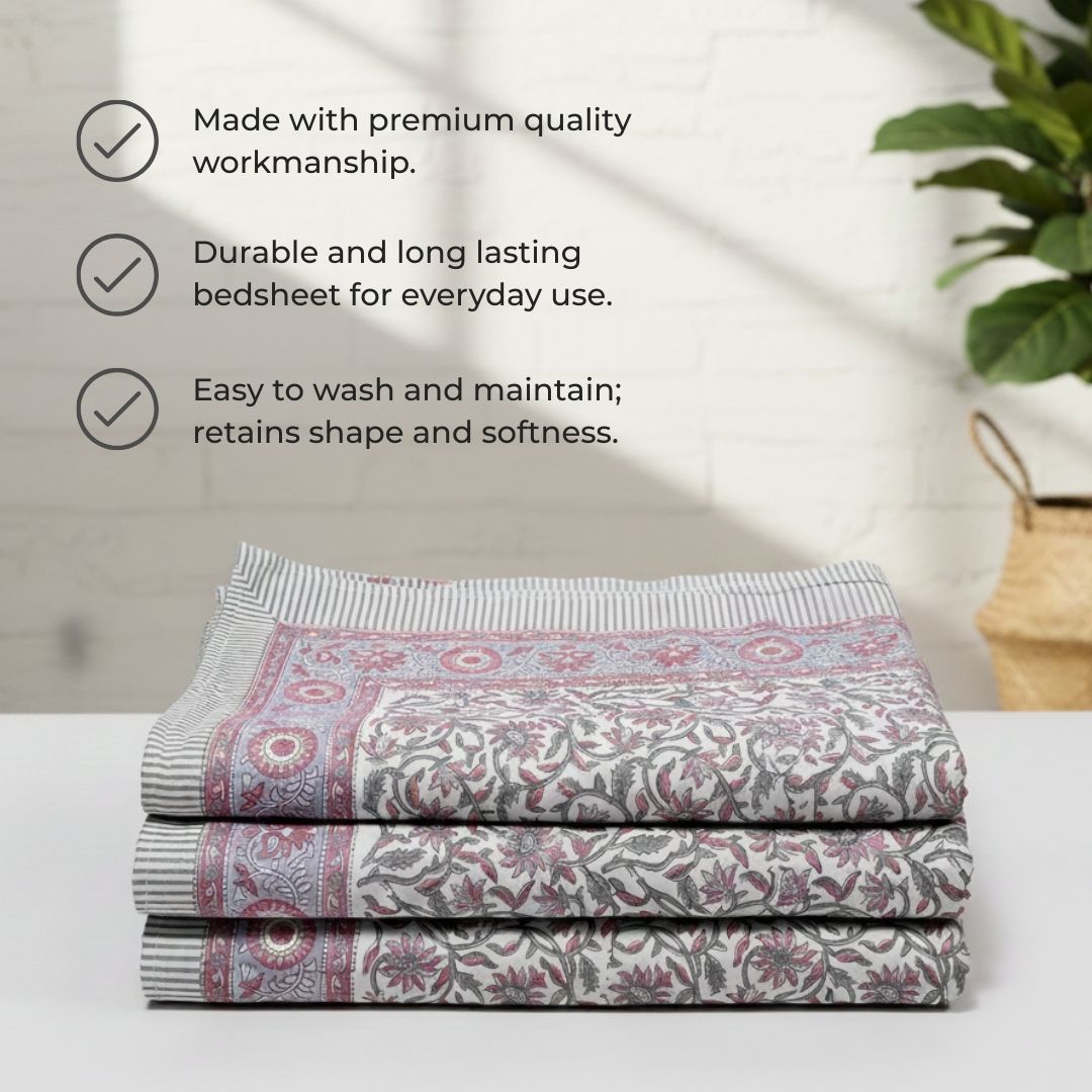 Single-Sided Block Printed Double Bedsheet in Soft Pink All-Over Pattern