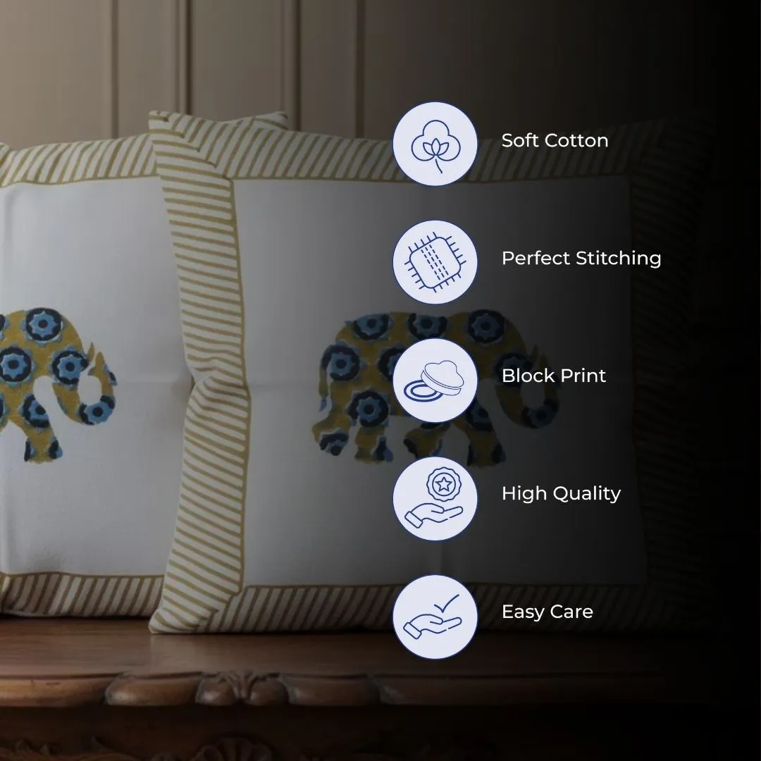Hand Block Printed Cotton Cushion Covers with Central Elephant Motif (Set of 2)