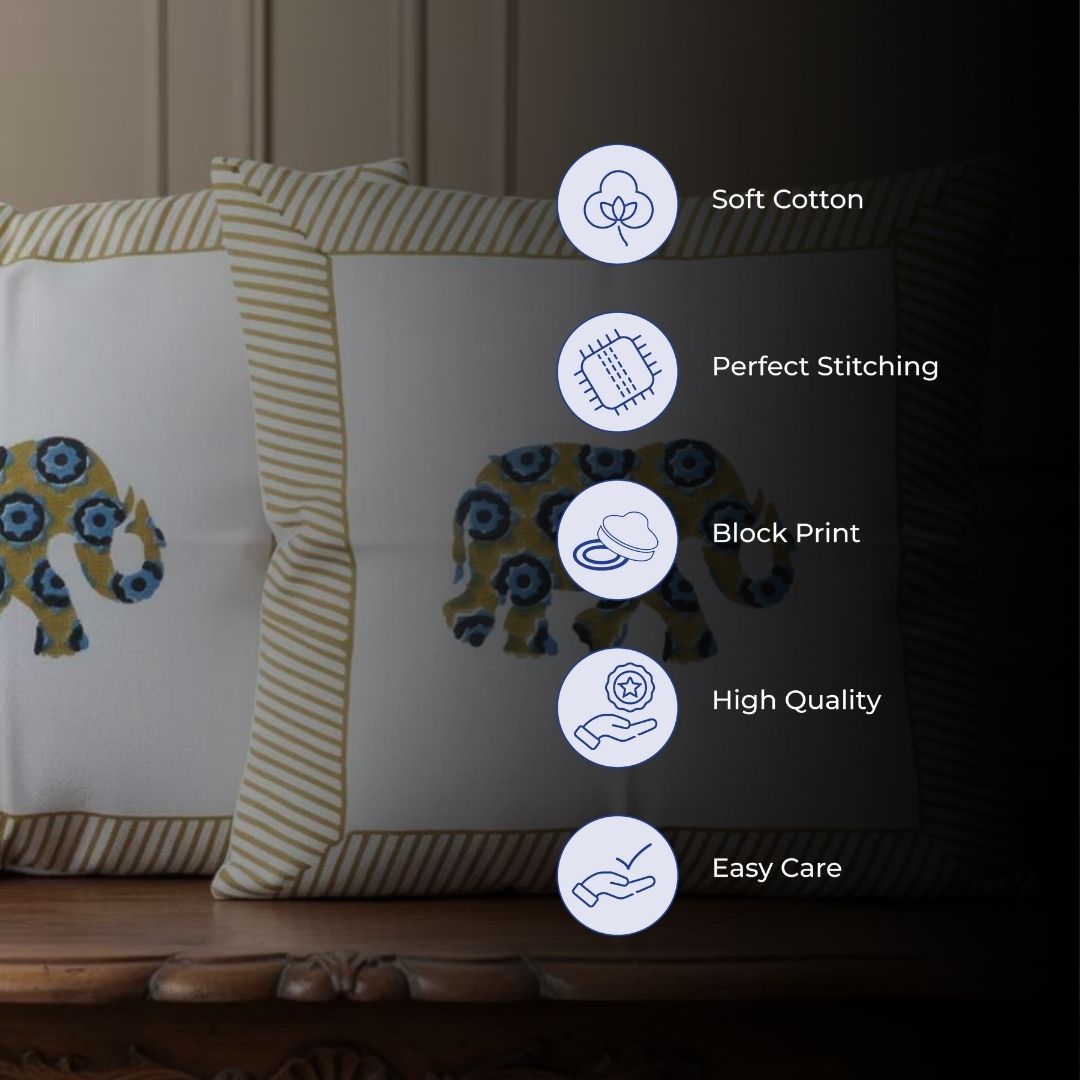 Block Printed Cotton Cushion Covers with Central Floral Motif (Set of 2)