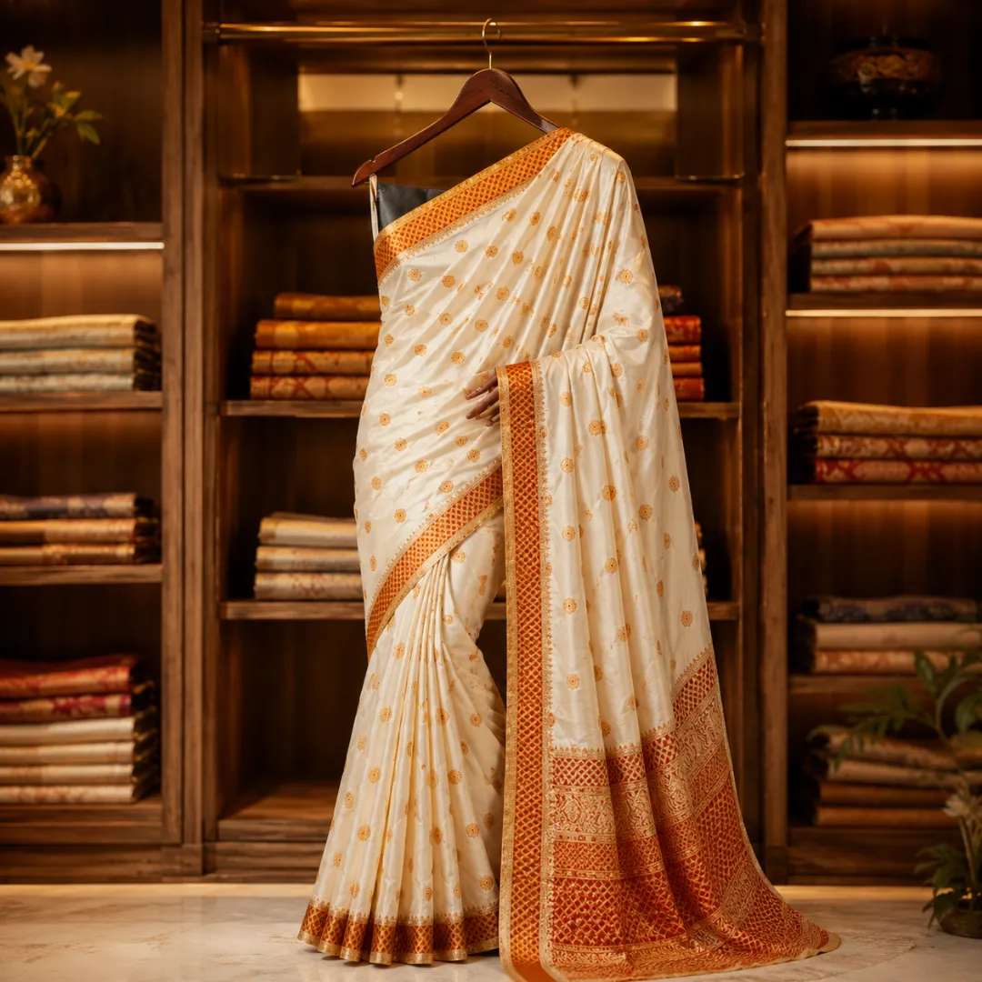 Graceful Ivory Assam Silk Saree with Vermilion Red & Gold Handwork Border with Blouse Piece