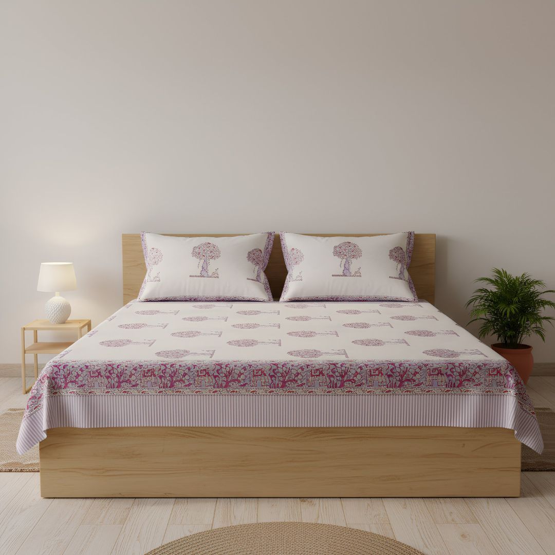 Single-Sided Block Printed Double Bedsheet in Soft Pink Floral Motif
