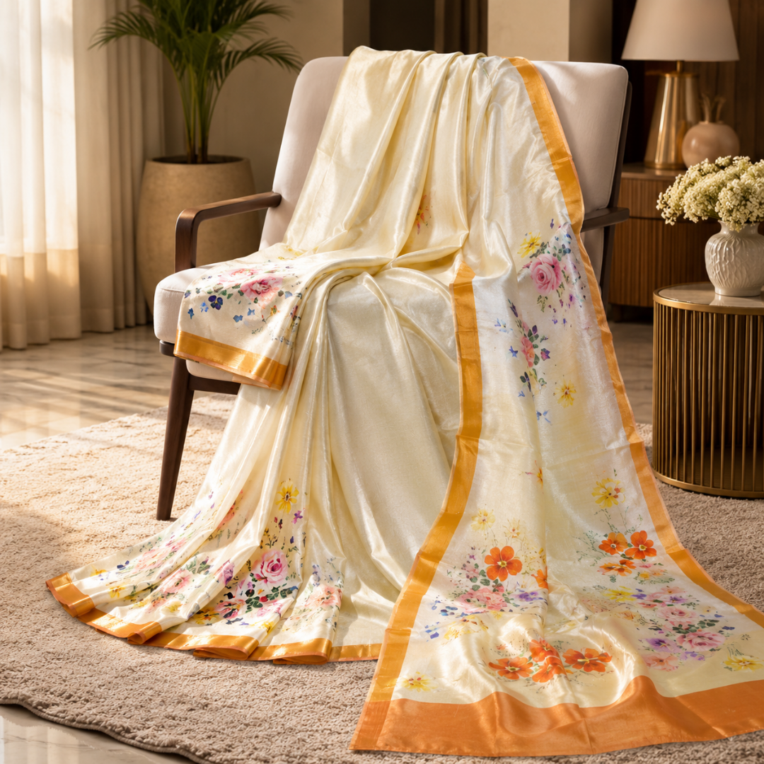 Handcrafted Cream Modal Silk Saree with Multicolor Floral Prints, Gold-Peach Borders & Blouse Piece
