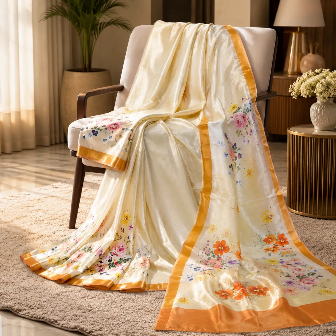 Handcrafted Cream Modal Silk Saree with Multicolor Floral Prints, Gold-Peach Borders & Blouse Piece