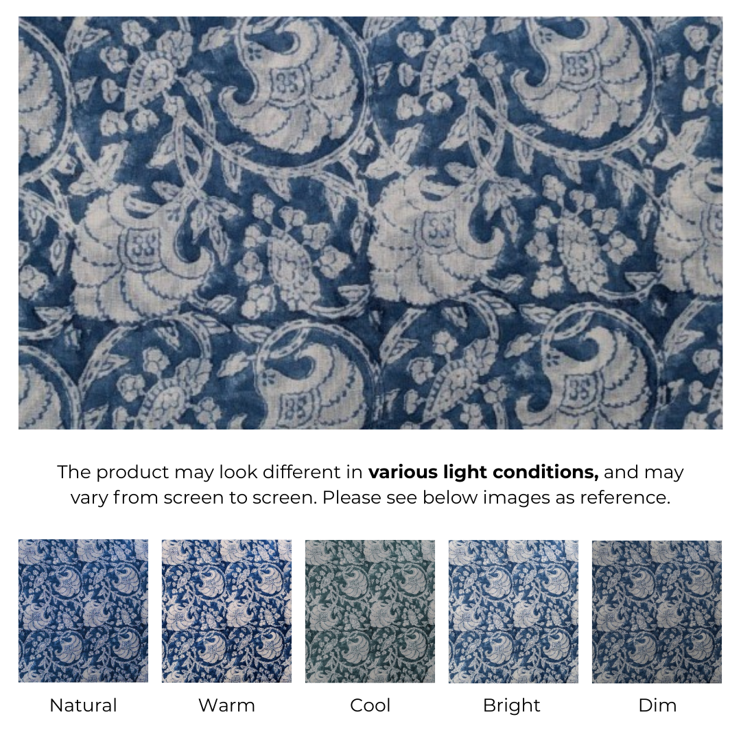Single-Sided Block Printed Mal Cotton Fabric in Blue Floral Pattern