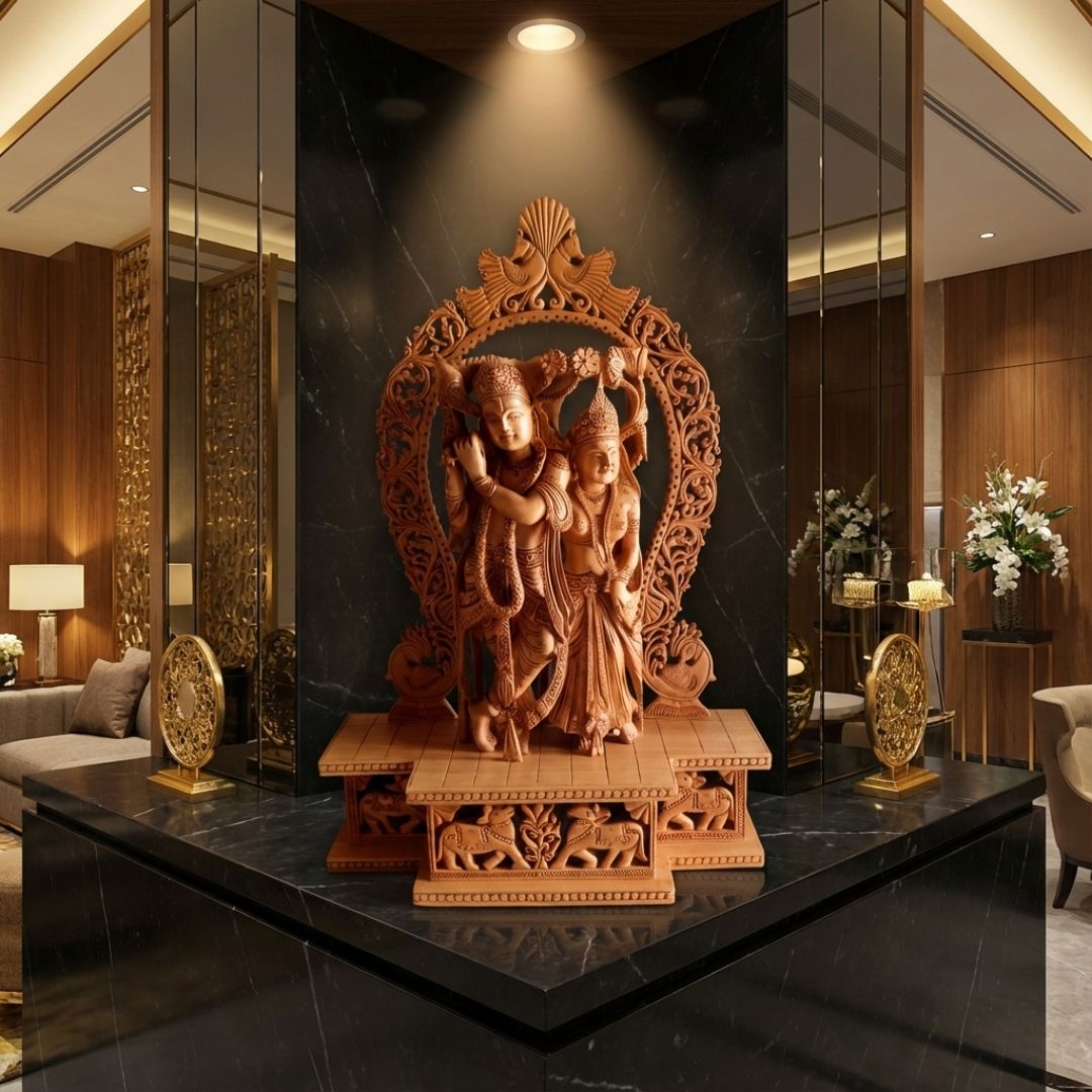 Radha Krishna Jugal Murti with Peacock Arch and Premium Base in Sandalwood