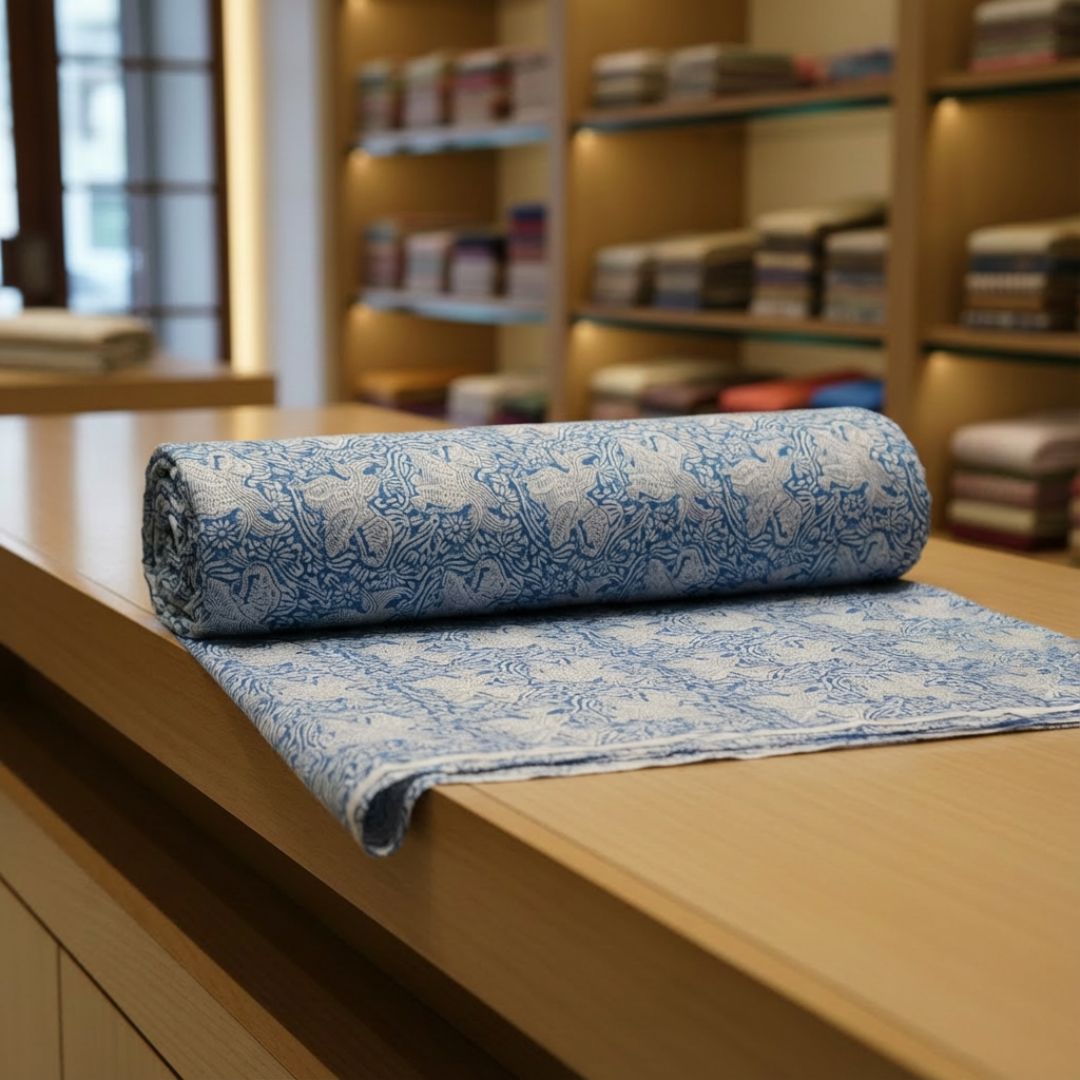 Single-Sided Block Printed Mal Cotton Fabric in Blue Floral Pattern