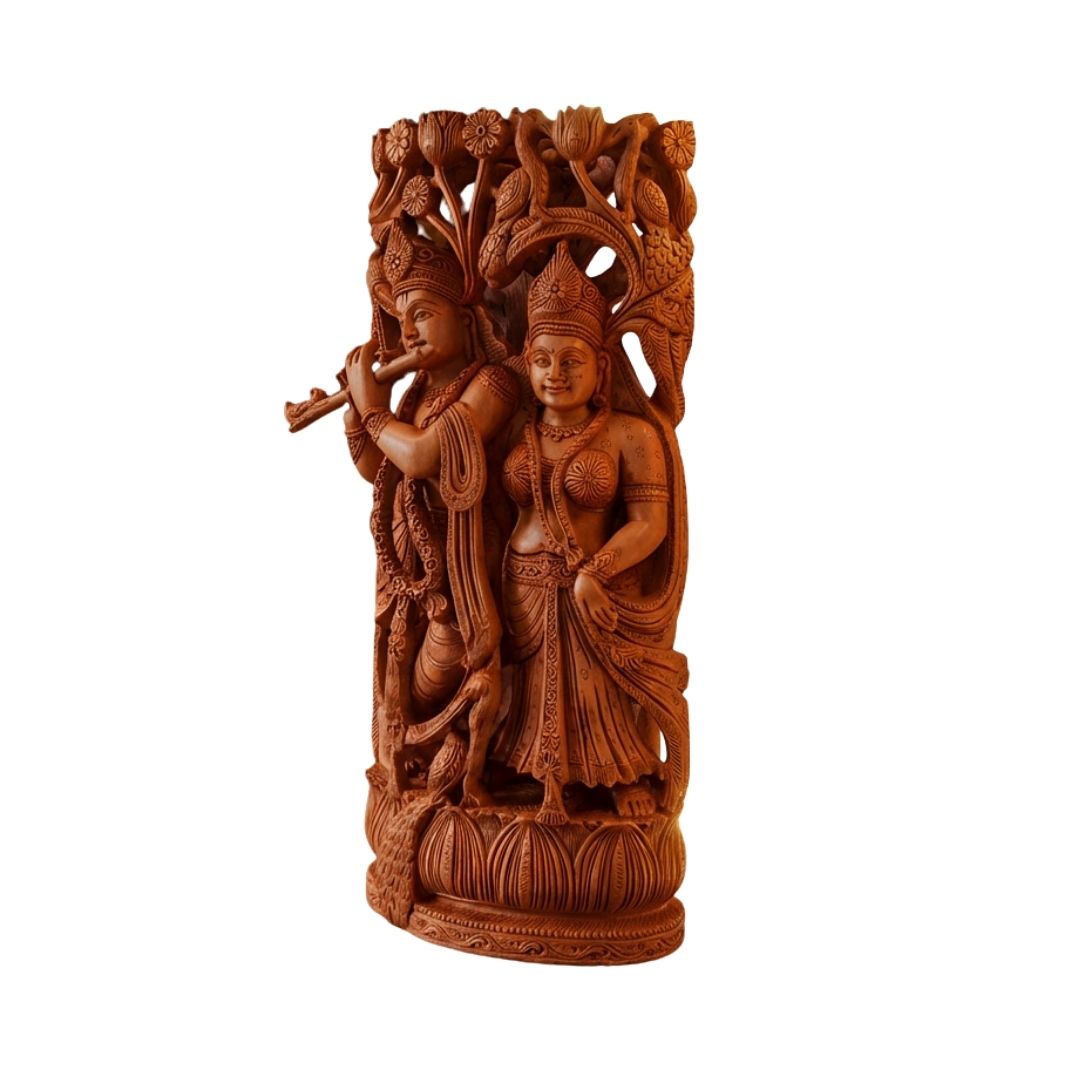 Radha Krishna Jugal Murti in Sandalwood with Intricate Tree Carving