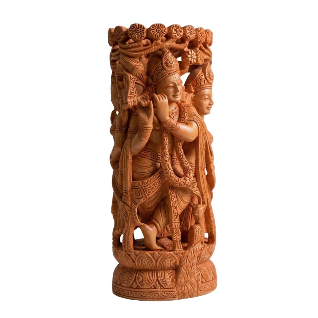 Radha Krishna Jugal Murti in Sandalwood with Intricate Tree Carving