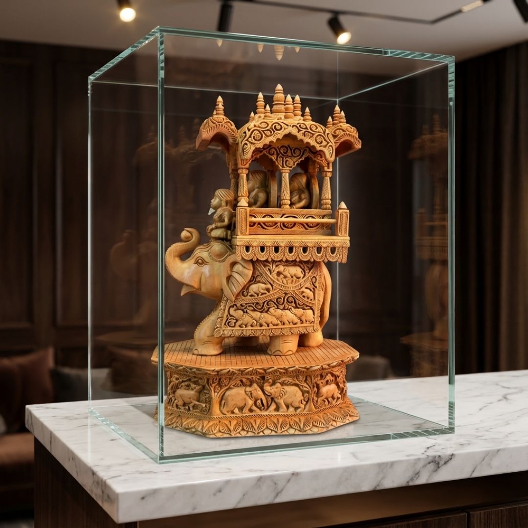 Royal Wooden Elephant Howdah Sculpture in Traditional Maharaja Style