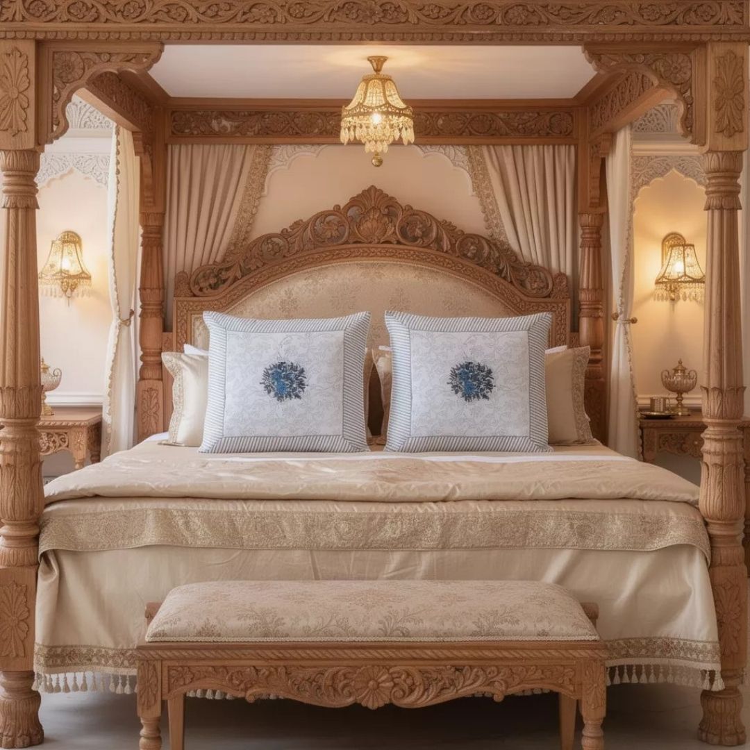 Block Printed South Cotton Cushion Cover with Central Floral Motif