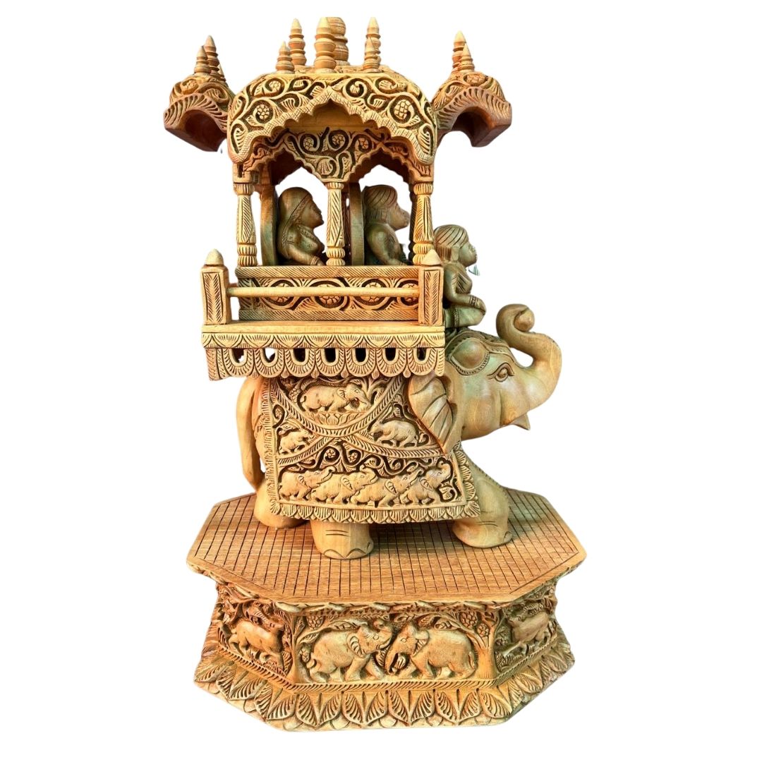 Royal Wooden Elephant Howdah Sculpture in Traditional Maharaja Style