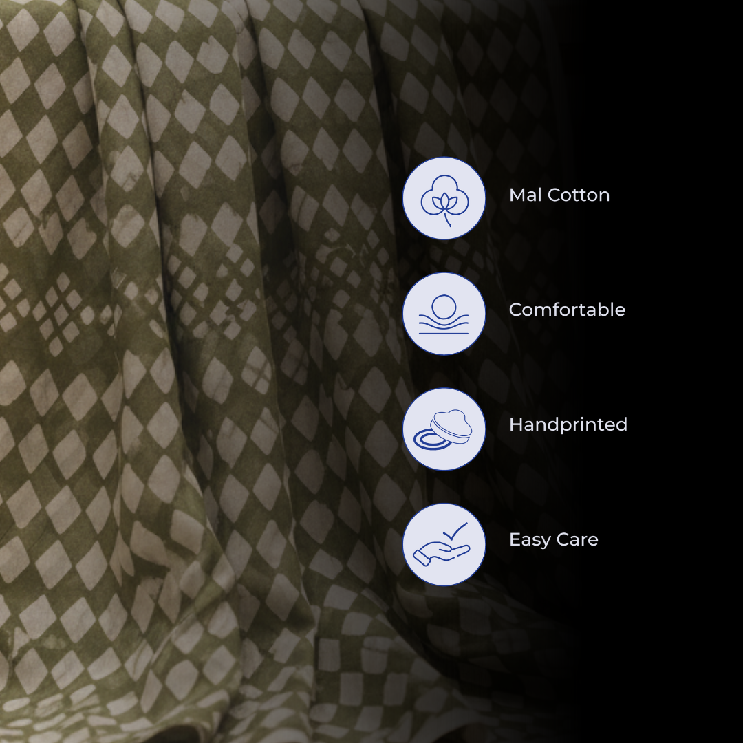 Single-Sided Block Printed Mal Cotton Fabric in Green Geometric Pattern