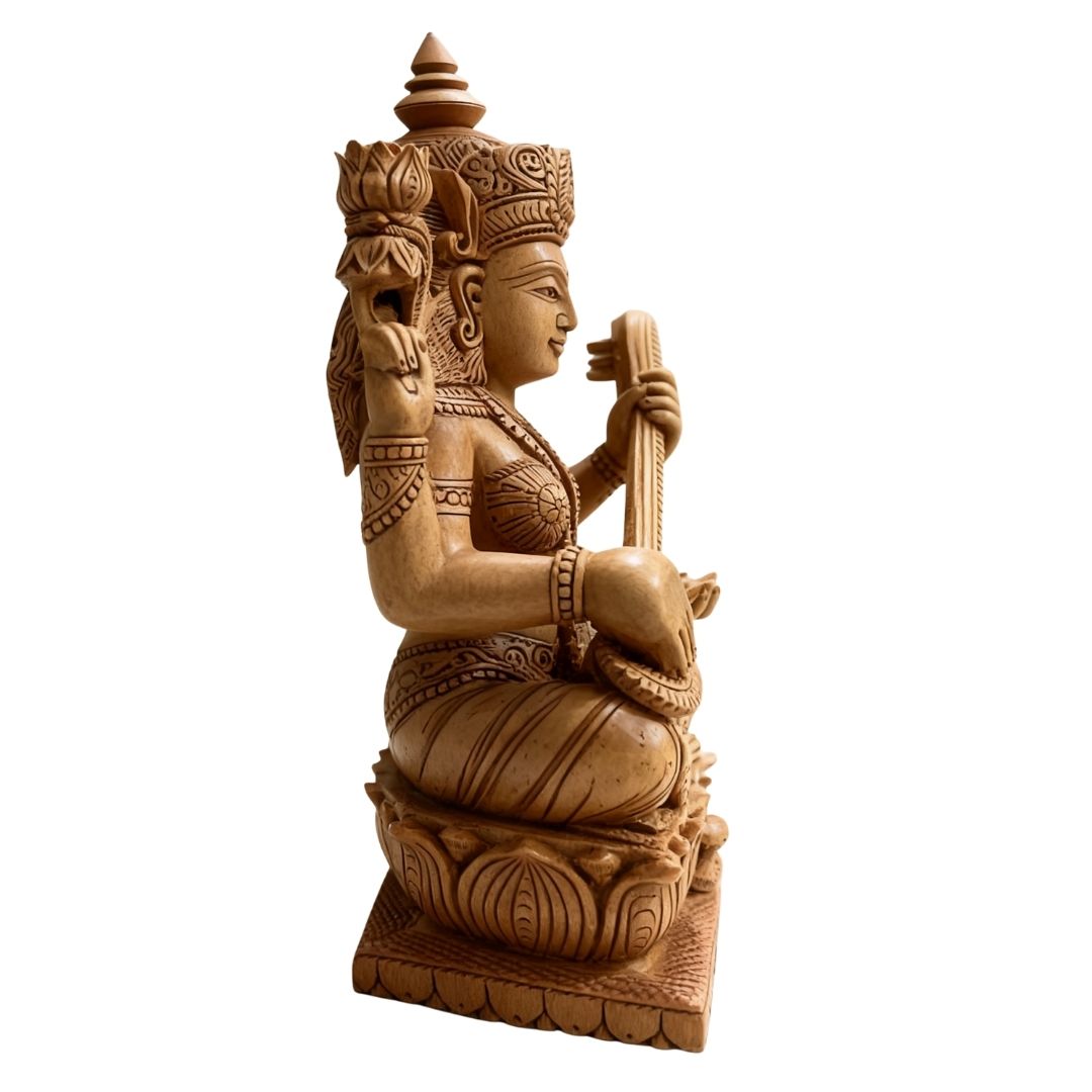 Sandalwood Saraswati Idol with Veena and Lotus Base