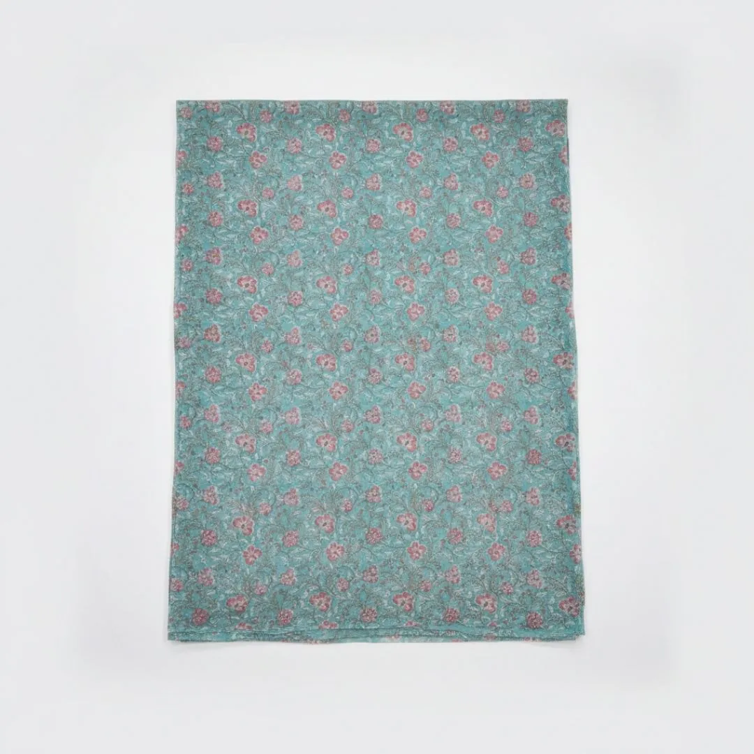 Hand Block Printed Kota Doriya Dupatta in Teal Floral Pattern