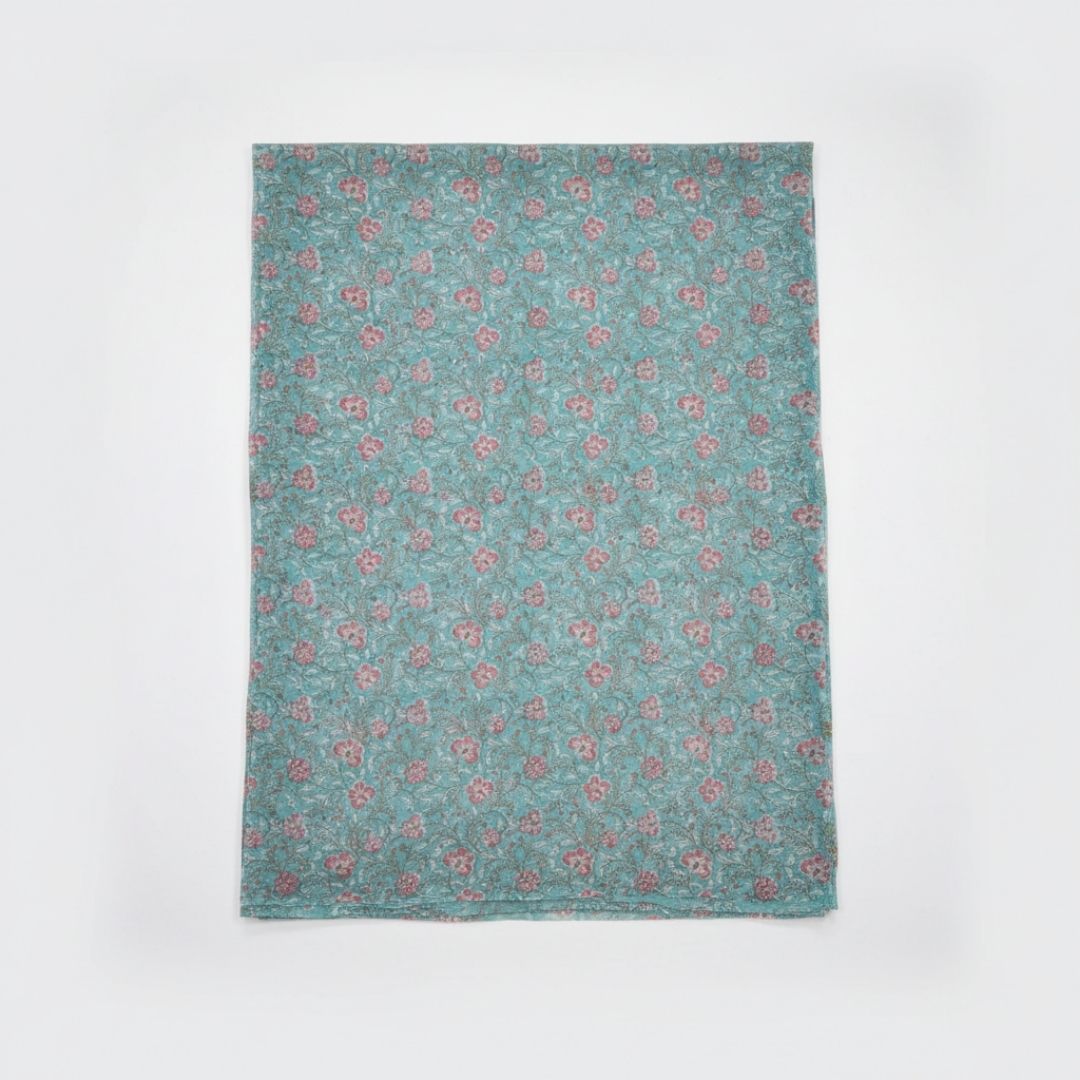 Hand Block Printed Kota Doriya Dupatta in Teal Floral Pattern