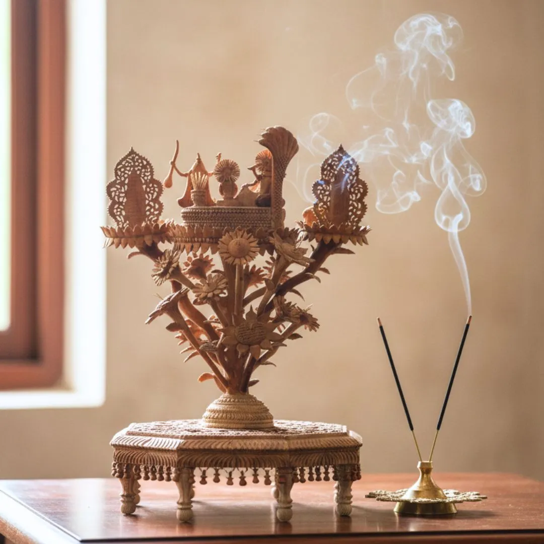 Pure Sandalwood Vishnu Darbar Ensemble with Detailed Temple Carving