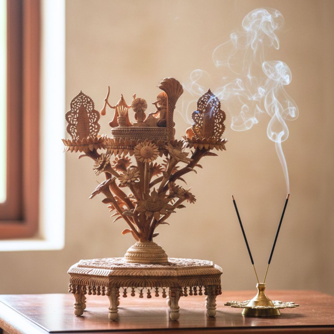 Pure Sandalwood Vishnu Darbar Ensemble with Detailed Temple Carving