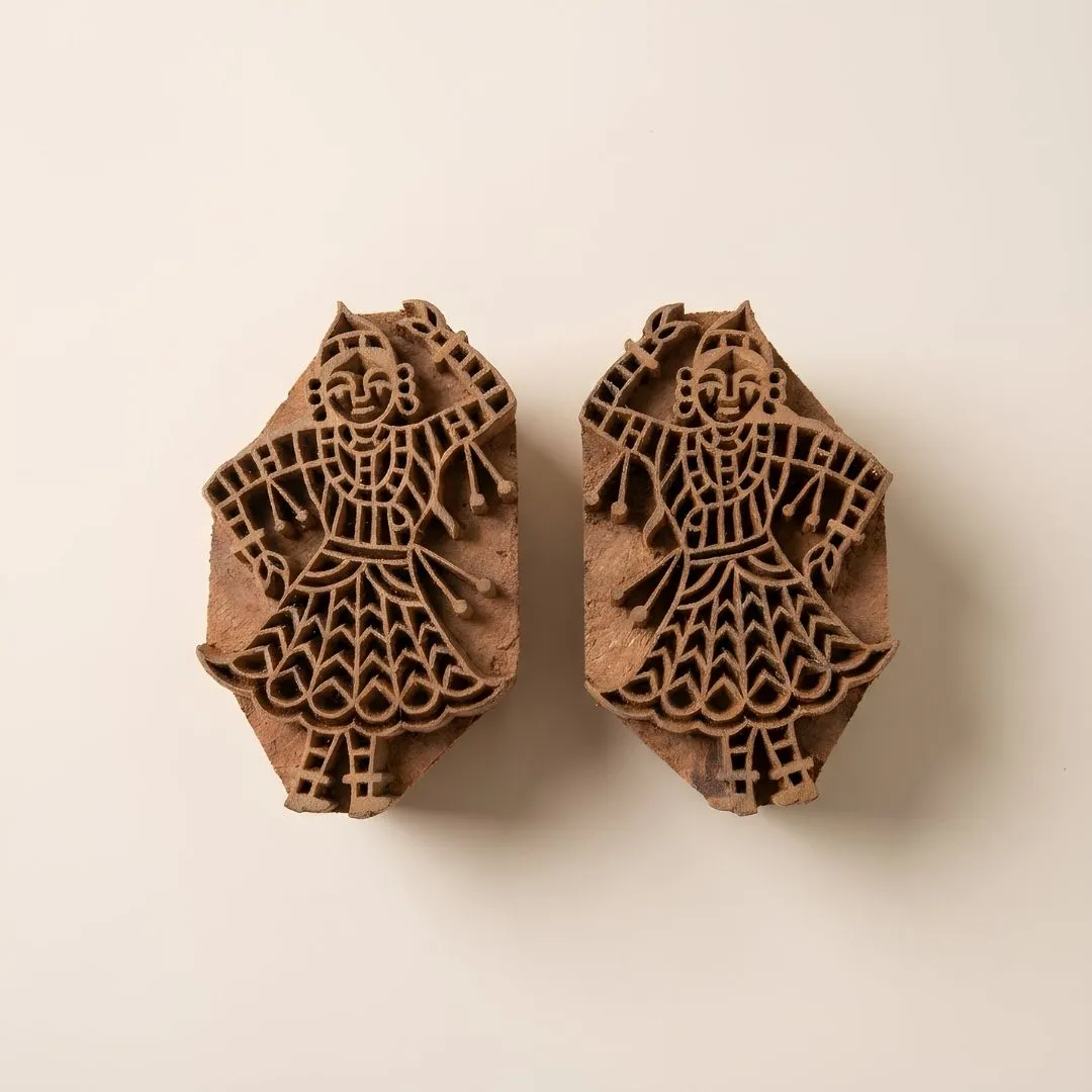 Handcrafted Gurjan Wood Block Pair with Dancing Woman Motif for Textile & Craft Printing
