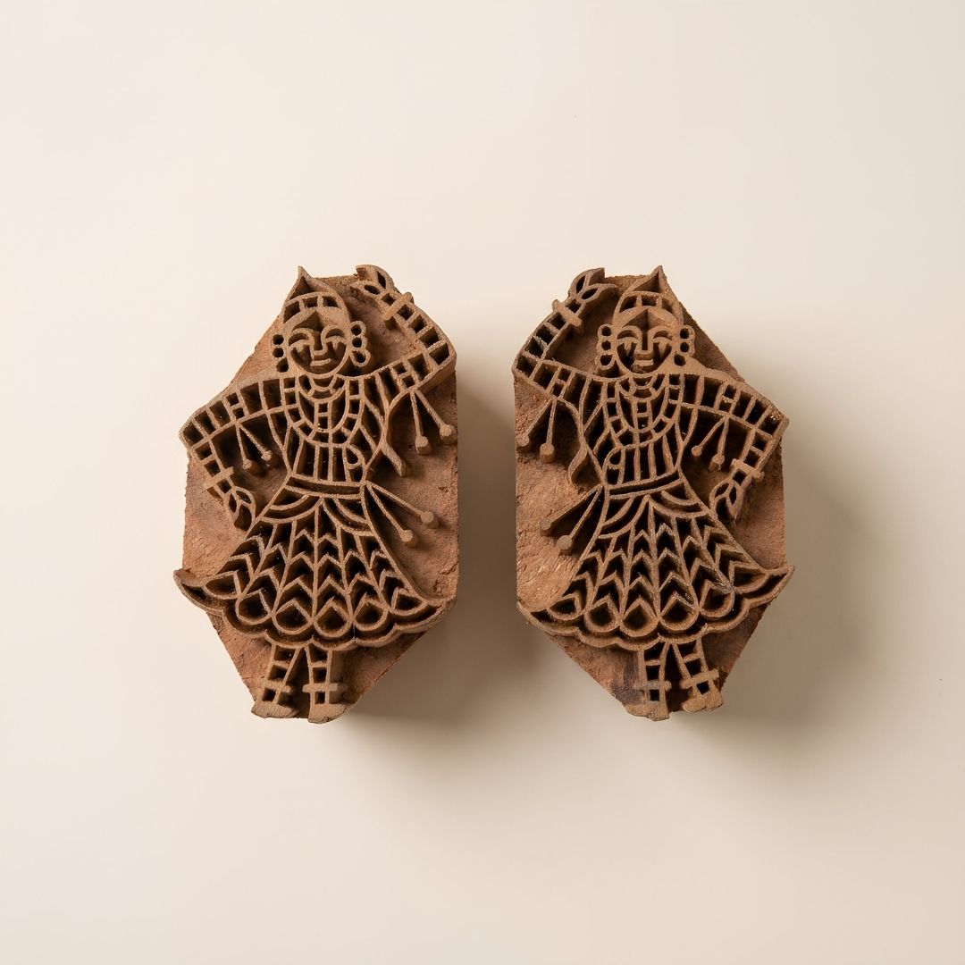 Handcrafted Gurjan Wood Block Pair with Dancing Woman Motif for Textile & Craft Printing