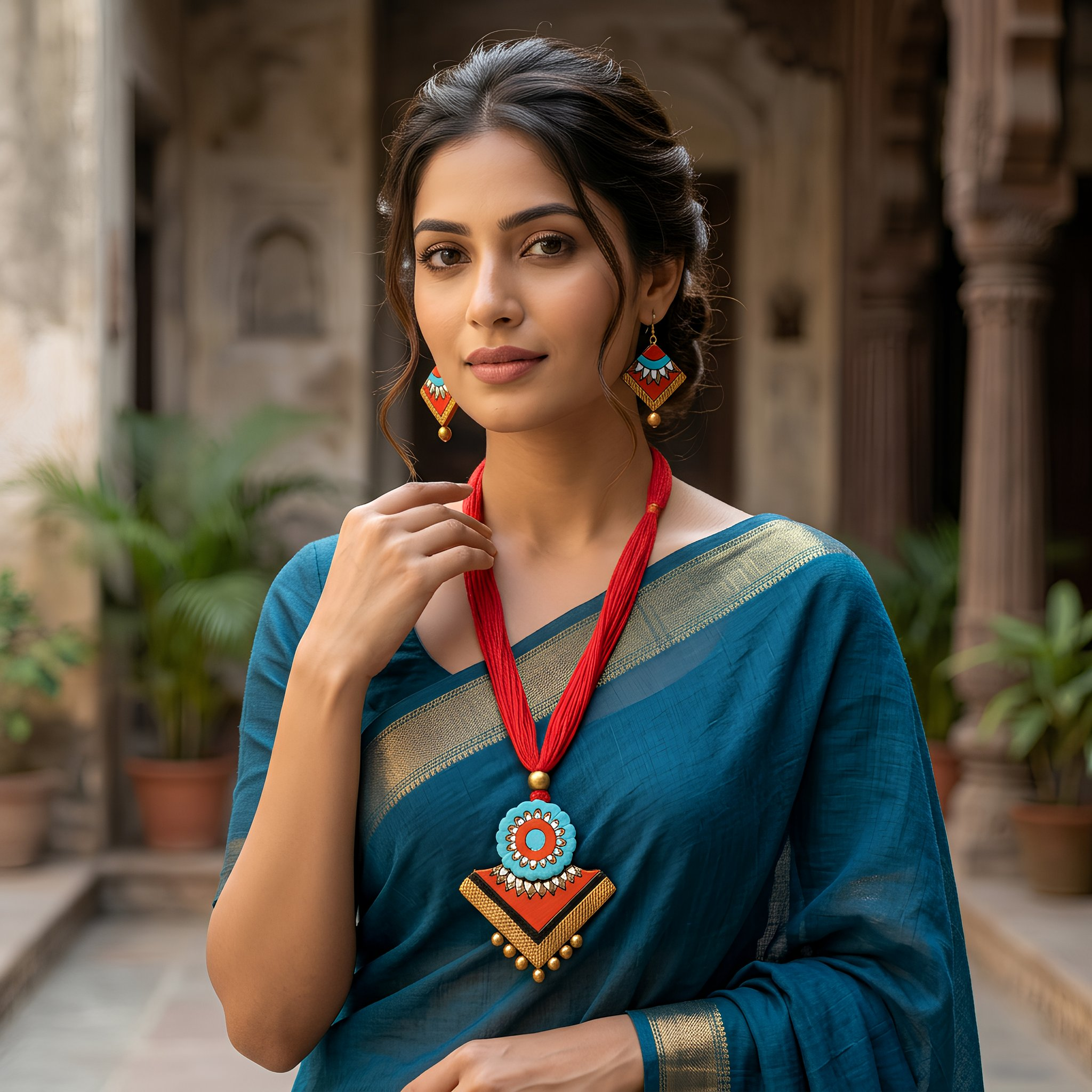 Handmade Terracotta Necklace Set with Earrings