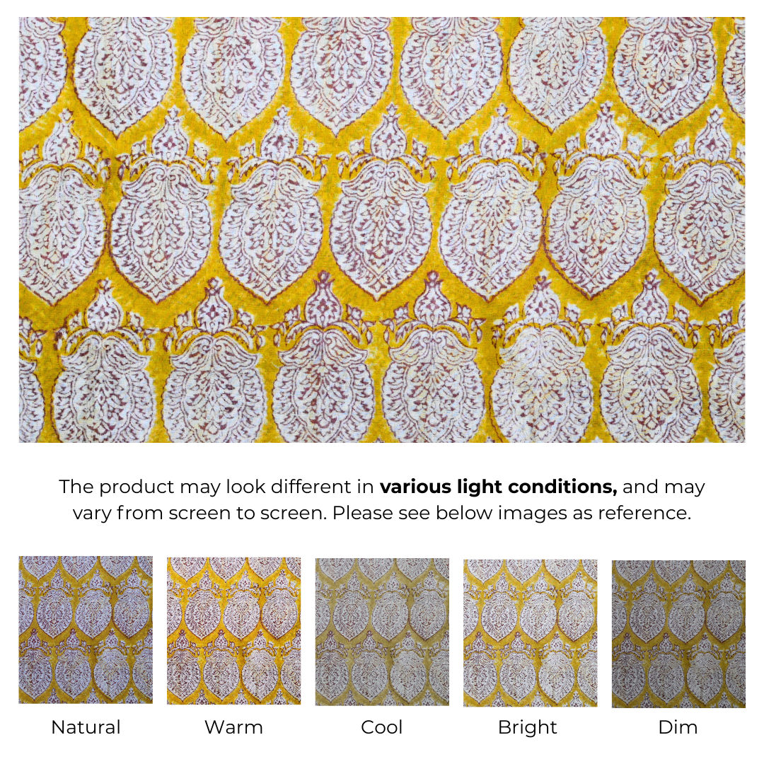 Single-Sided Block Printed Mal Cotton Fabric in Yellow Lattice Floral Pattern