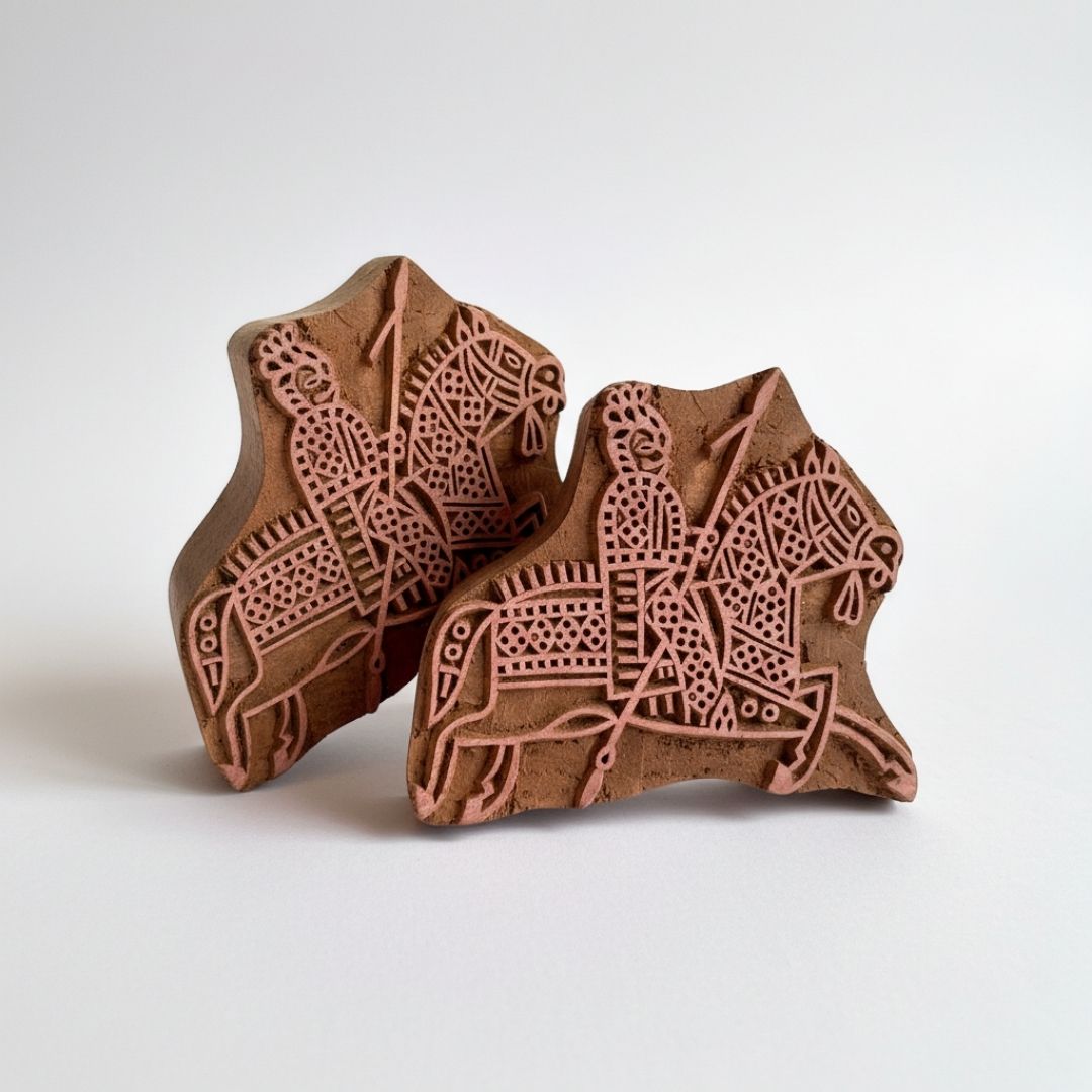 Hand-Carved Gurjan Wood Printing Block with Horse & Rider Motif
