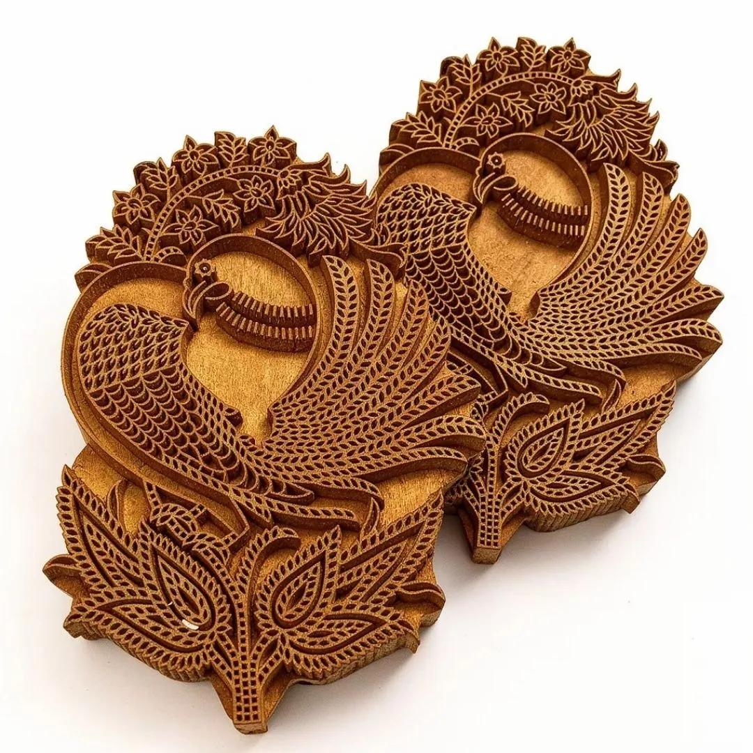 Intricately Carved Roheda Wood Peacock Printing Block