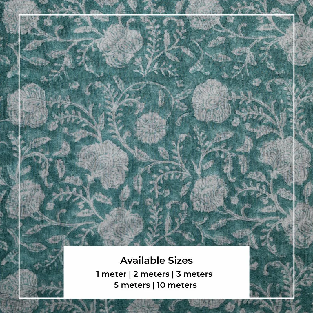 Single-Sided Hand Block Printed Mal Cotton Fabric – Teal Floral | Sold Per Meter
