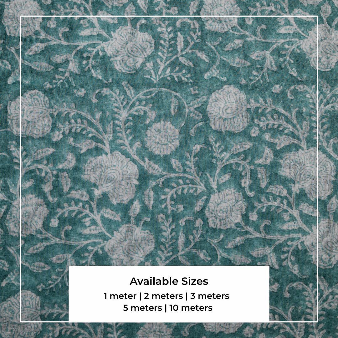 Single-Sided Block Printed Mal Cotton Fabric in Teal Floral Pattern