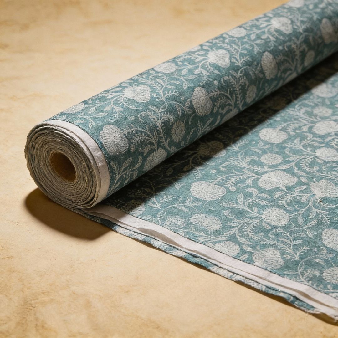 Single-Sided Block Printed Mal Cotton Fabric in Teal Floral Pattern