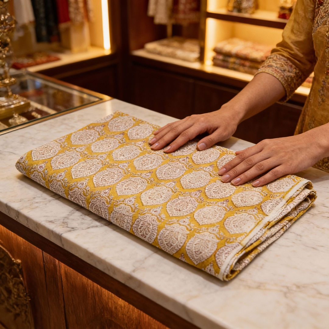 Single-Sided Block Printed Mal Cotton Fabric in Yellow Lattice Floral Pattern