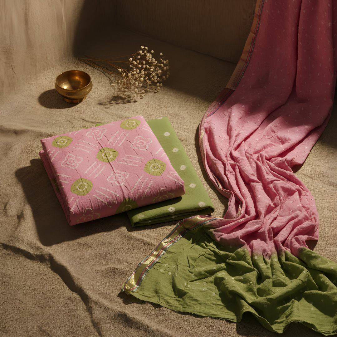 Glace Cotton Suit Fabric with Traditional Tie and Dye Motifs for Cut Top