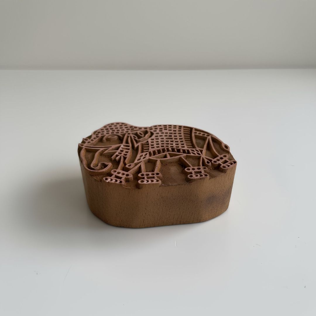 Hand-Carved Gurjan Wood Printing Block with Narrative Village Elephant Motif