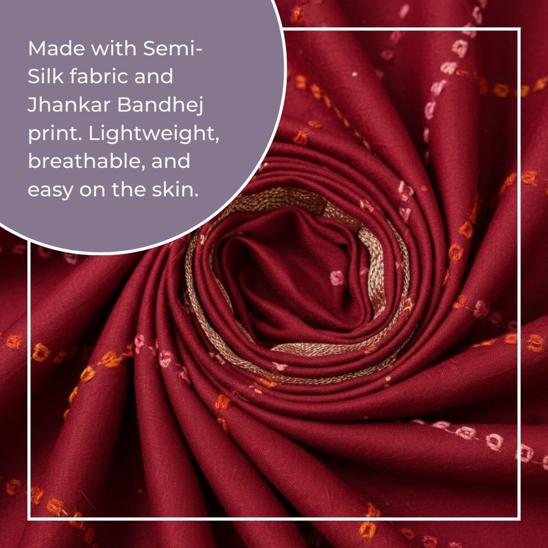 Rich Jhankar Bandhej Tie & Dye Semi Silk Saree in Deep Maroon Tones with Coordinated Blouse (Unstitched)