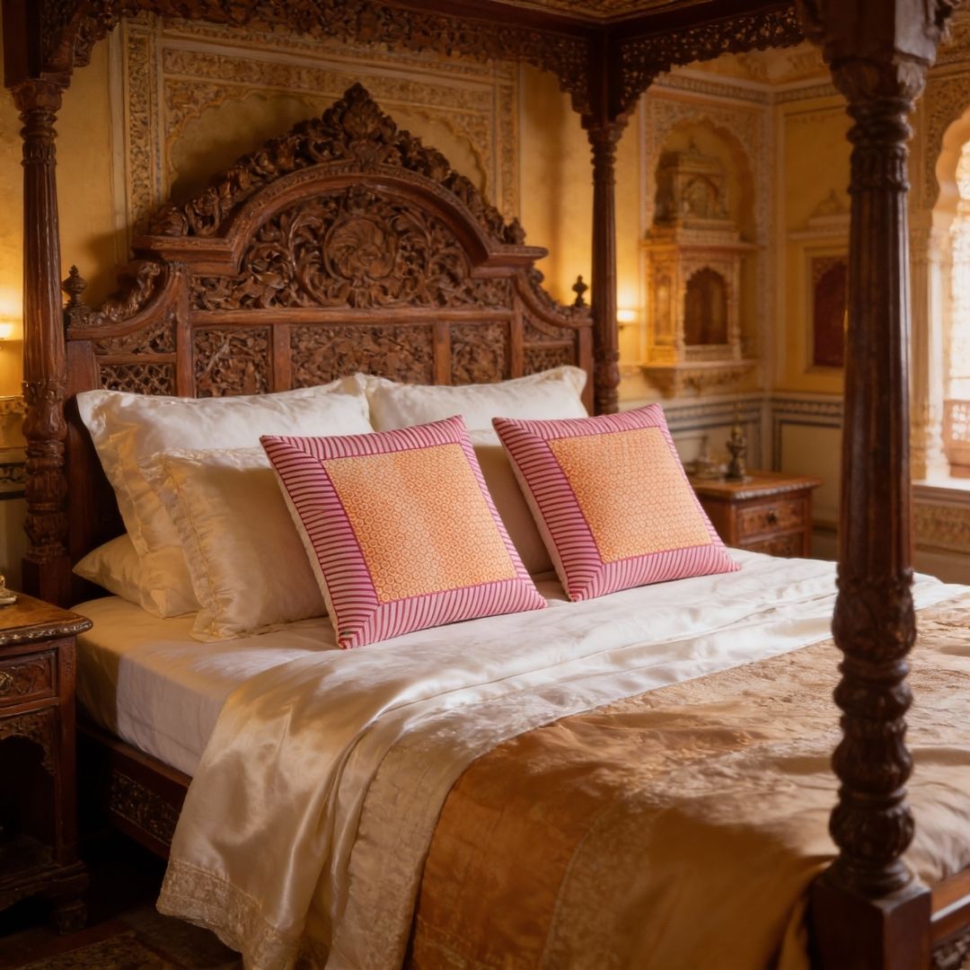 Block Printed South Cotton Cushion Cover with Multicolour Grid Border