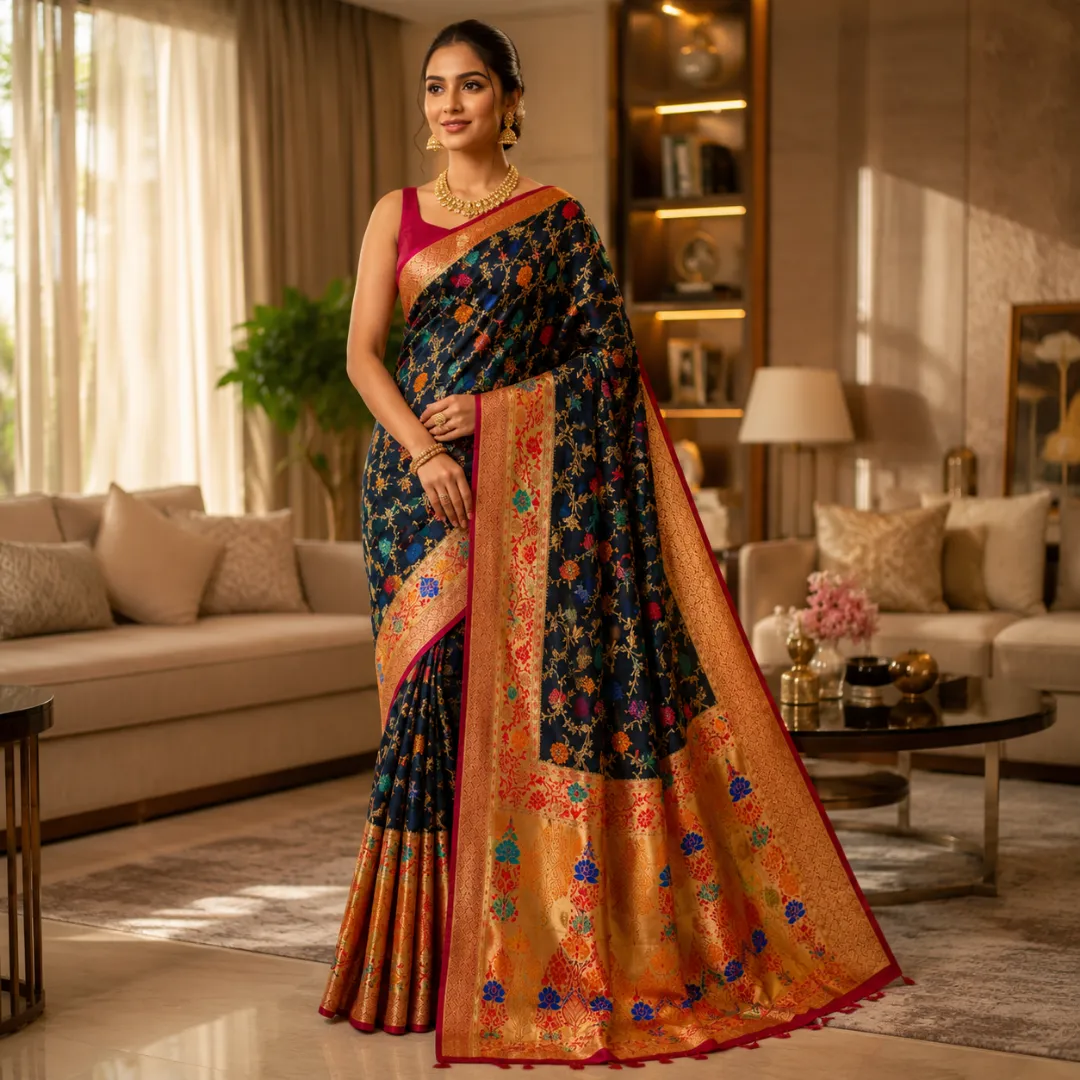 Handcrafted Black Khadi Paithani Silk Saree with Broad Gold Zari Border & Vibrant Floral Meena Work