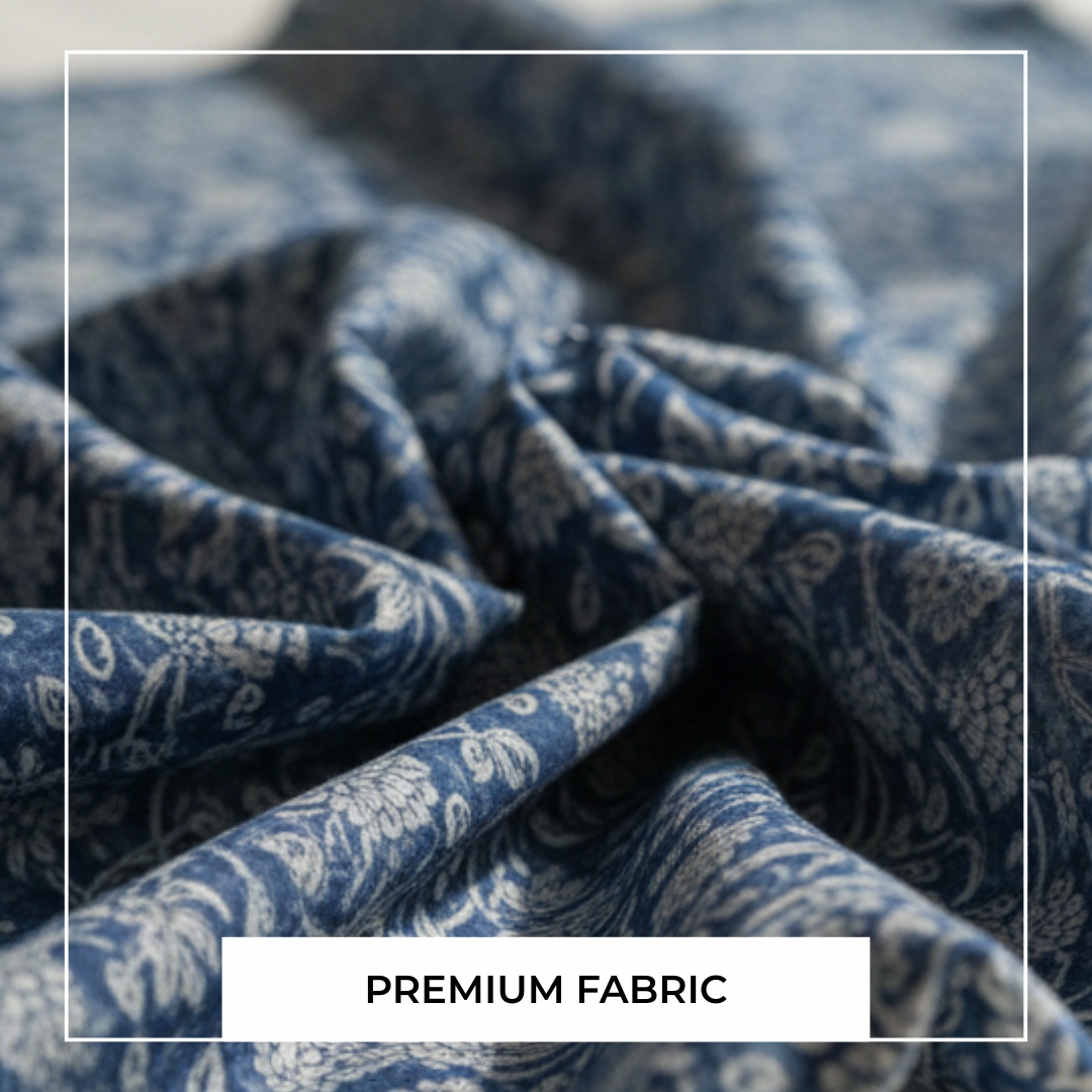 Single-Sided Block Printed Mal Cotton Fabric in Indigo Floral Pattern