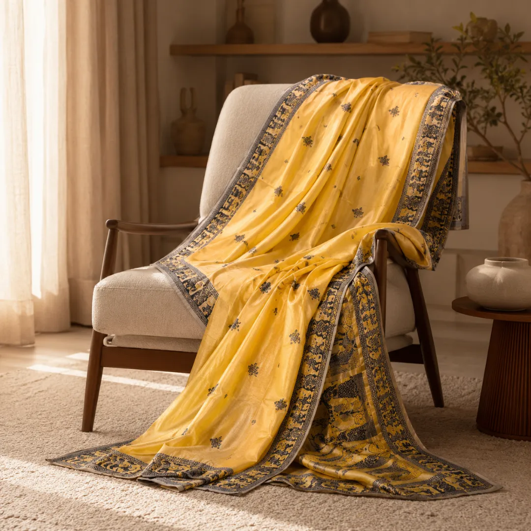 Golden Dusk Yellow & Black Handcrafted Bishnupuri Silk Saree
