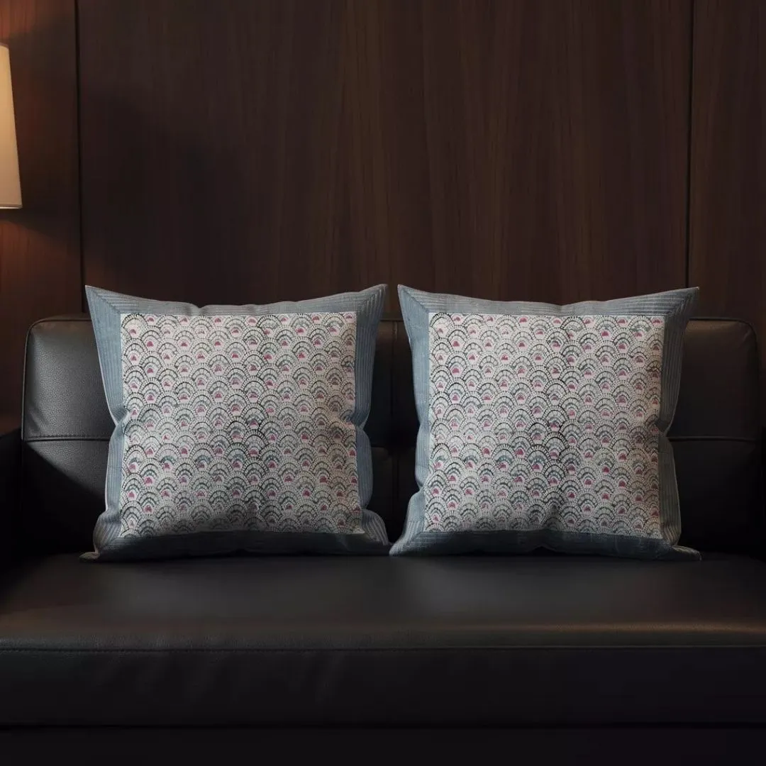 South Cotton Block Printed Cushion Covers with Blue Border Panel (Set of 2)