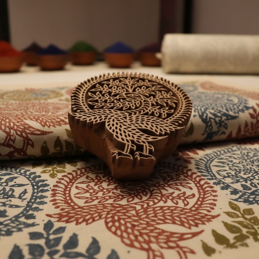 Handcrafted Gurjan Wood Block with Tree of Life Motif for Textile Printing